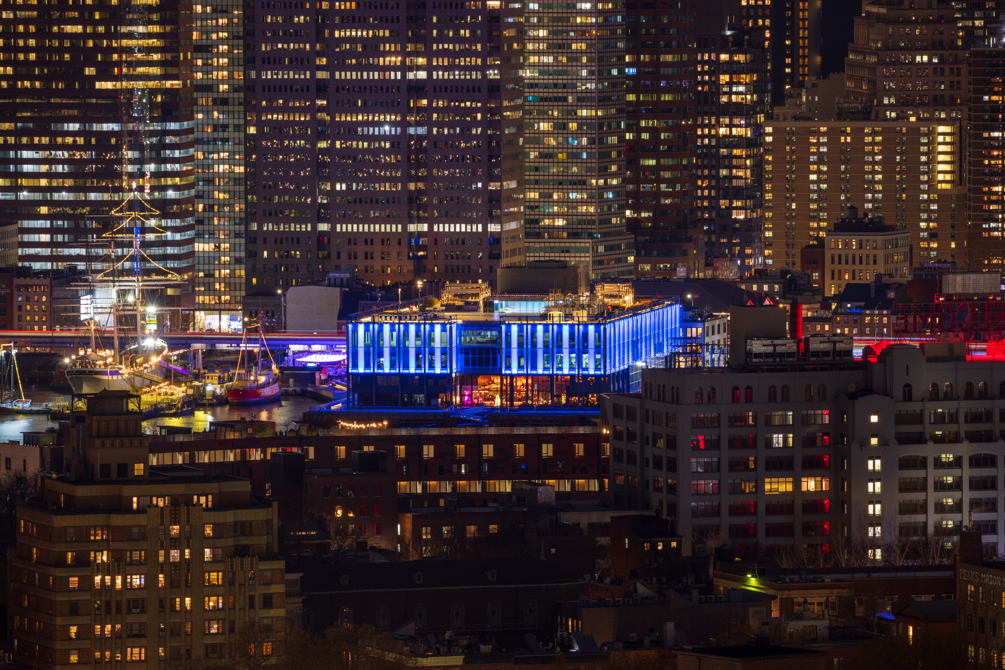 Manhattan's Pier 17 from Brooklyn photographed at 302mm